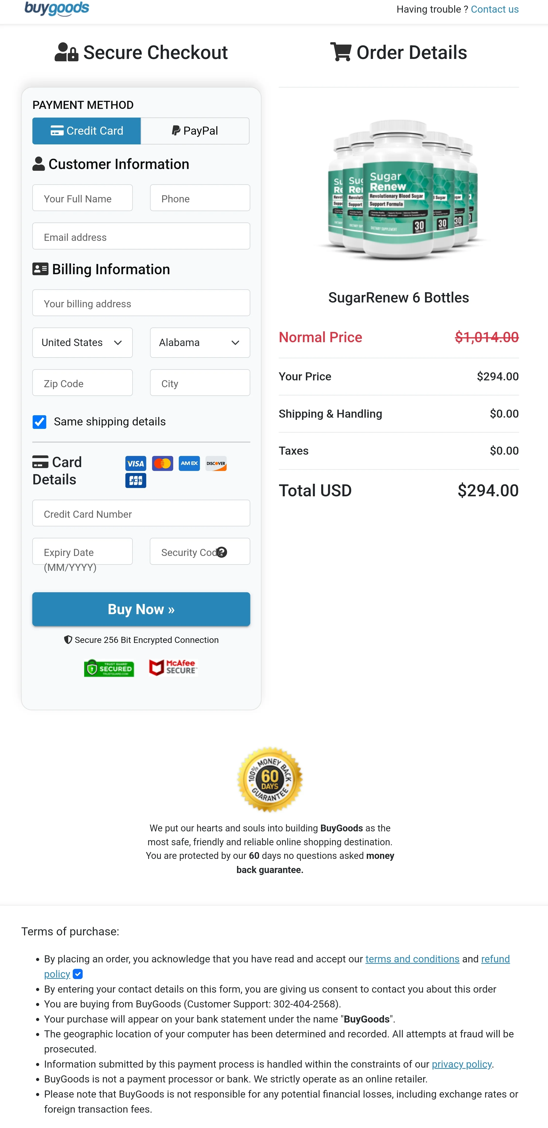 Sugar Renew order form